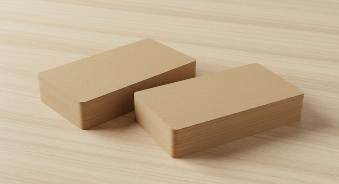 Stacks of blank beige business cards on a light wooden surface. Two neat stacks of cards sit side-by-side, showcasing the blank space for customized designs.