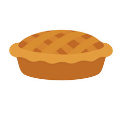 Baked whole pie with golden crust in warm autumn colors, simple cozy flat style.