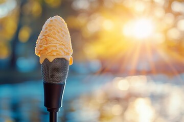 Vanilla ice cream placed directly on a microphone, blurred background.
