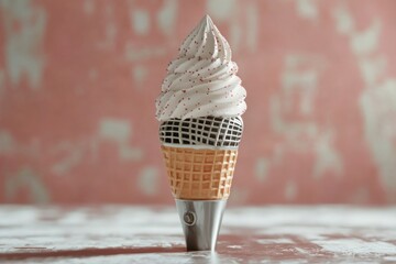 Ice cream cone holding a microphone on plain background.