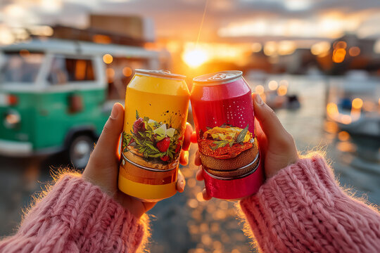 Friends clink colorful craft beer cans in sunset glow with food truck backdrop, capturing joyful moment. Concept of friendship, outdoor dining, lifestyle