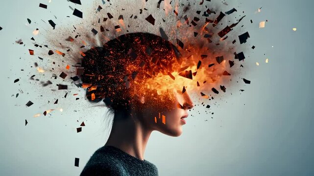 Mental health professional experiencing intense burnout, head symbolically exploding with stress, frustration, and emotional exhaustion against minimalist white background
