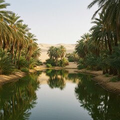 Fototapeta premium Serene Oasis with Palm Trees and Reflective Water