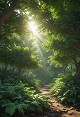 Naklejka premium Lush emerald canopy, sunlight dappled through dense leaves , botanical, nature, shadows