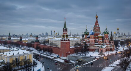 Obraz premium Moscow Kremlin and Saint Basil's Cathedral Winter Aerial View