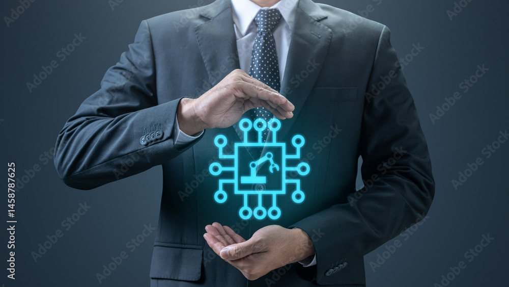 Poster businessman is showing an icon representing technical support in his hand. technology innovation on 