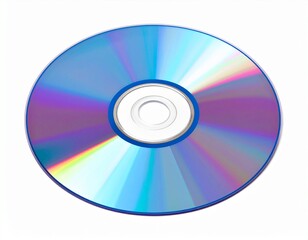 A glossy, circular digital versatile disc with rainbow-like color reflections. It features a silver inner ring and a clear white background