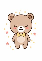 Adorable bear cub cartoon character adorned with a bow tie, radiating warmth and charm amidst a playful composition on white background