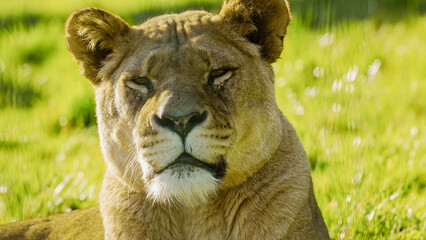 Close-up headshot of a lioness with her eyes squinting to stare at directly into the camera with a backdrop of grass. Full property release for commercial use