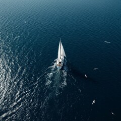White Sailboat on Deep Blue Ocean with Seabirds