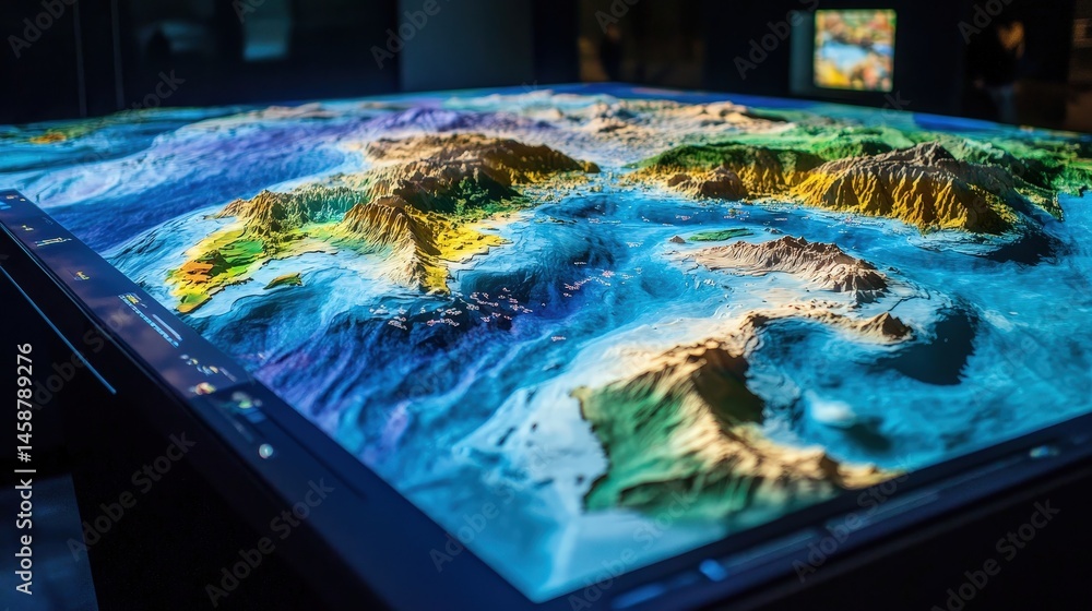 Poster 3d earth with interactive features that allow users to explore the world climates, ecosystems, and w