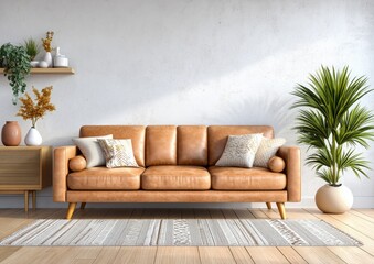 A modern living room with a tan leather sofa, decorative pillows, indoor plants, wooden furniture, and minimalist decor.