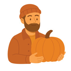 Bearded man in warm clothes holding big pumpkin. Flat cartoon autumn character isolated.