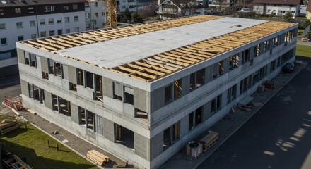 Fototapeta premium Aerial View of Modern Concrete and Wood Frame Residential Building Construction