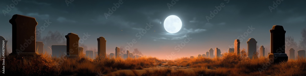Poster a graveyard with a large moon in the sky. the moon is reflecting on the gravestones. the graveyard i