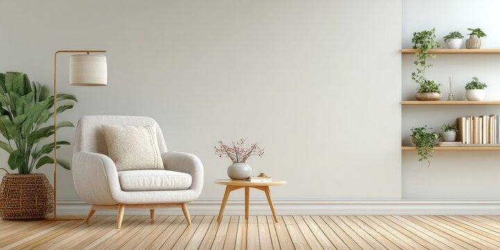 Fototapeta A cozy, modern living room with a comfortable armchair, wooden table, indoor plants, and minimalist decor on a light wooden floor.