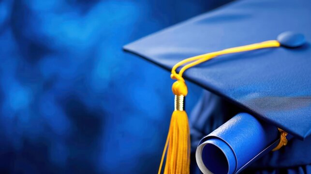 A blue graduation cap with a yellow tassel sits on top of a blue background