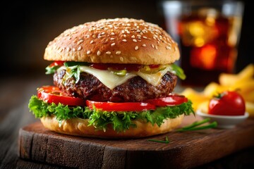 Delicious cheeseburger served on a wooden board, garnished with fresh ingredients and a sesame seed bun, accompanied by french fries and a refreshing drink.