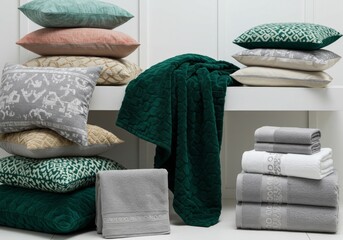 Teal and Gray Bath Textiles on White Shelf