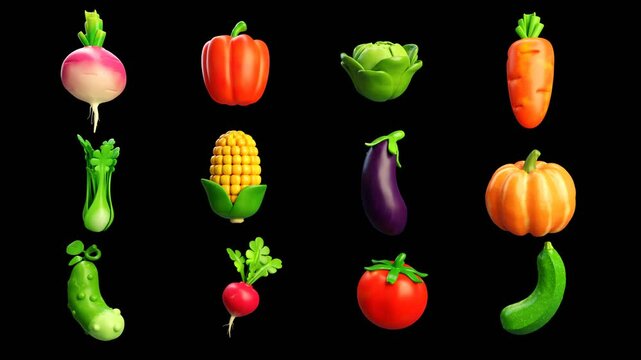 Various Colorful Vegetables Isolated on Black Background. Veggy concept. Alpha matte 4K