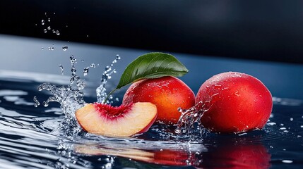 Freshly sliced peaches in water splashes with vibrant colors.