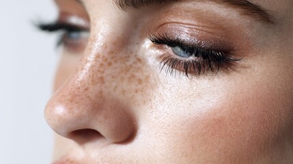 Obraz premium Close-up of Woman's Face with Freckles and Blue Eye