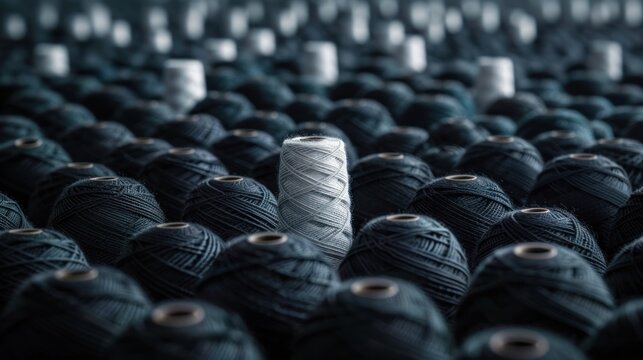 Different concept of white yarn spools stand out from many black yarn spools in industrial factory.