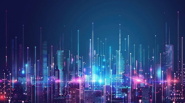 Abstract futuristic smart city night with dots and lines connection network technology. Generate AI
