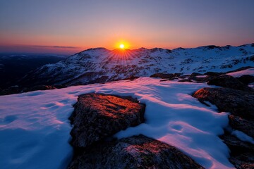 Golden kiss on snowy peaks, A majestic mountain dawn landscape