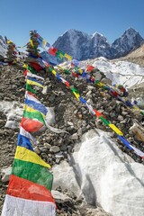 View from Mount Everest base camp and prayer flags