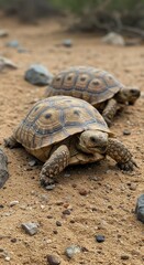 Two Brown Tortoises Walking on Tan Sand