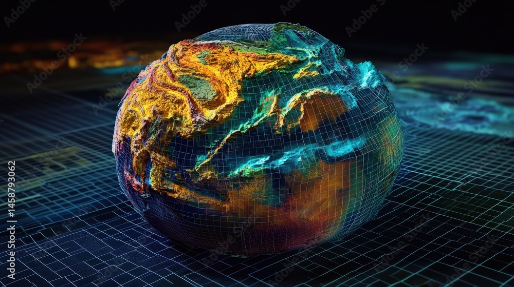 Poster 3d model of earth with visible tectonic plate movements, showing how they shift and change the plane