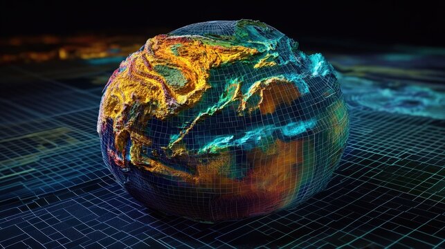 3D model of Earth with visible tectonic plate movements, showing how they shift and change the planet's surface over time, with a grid overlay.