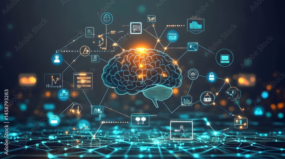 Poster abstract digital illustration of a brain connected to numerous data points.