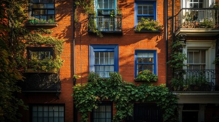 Fototapeta premium Charming Brick Townhouses with Lush Greenery
