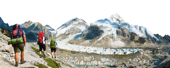 mount Everest peak with three hikers isolated on white