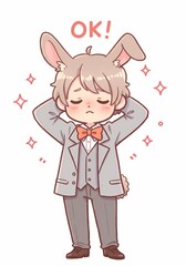 A charming cartoon depiction of a bunny character in a grey suit with an OK! text bubble, conveying a sense of acceptance, whimsical illustration, and cheerful