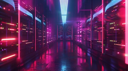 3d illustration glowing server room of big data storage and cloud computing technology