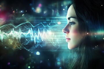 Naklejka premium Woman profile with futuristic abstract light blue waveforms