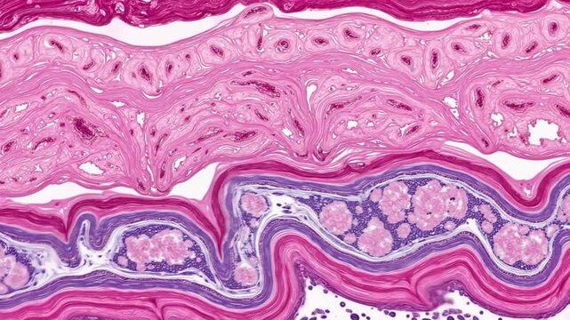Microscopic skin layers in vibrant colors displaying structure  