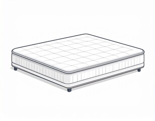 Isometric illustration of a white, rectangular mattress with a quilted top and dark blue edging, supported by short legs