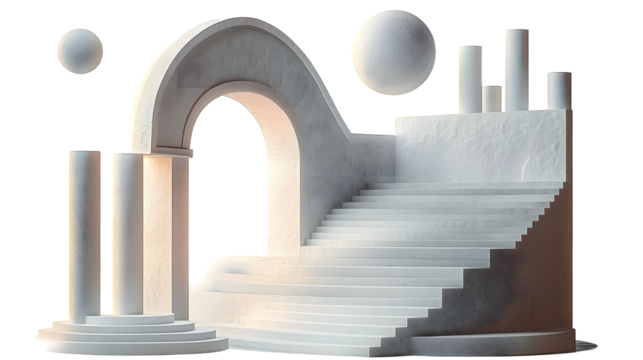 Surreal geometric shapes. Abstract vector elements and signs in trendy minimal outline style. Arch, stairs, column etc.