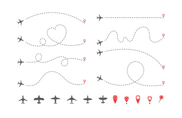Airplane Plane routes line set. Planes dotted flight pathway. Plane paths. Aircraft tracking, planes, travel, map pins, location pins. Start point line trace and plane routes.