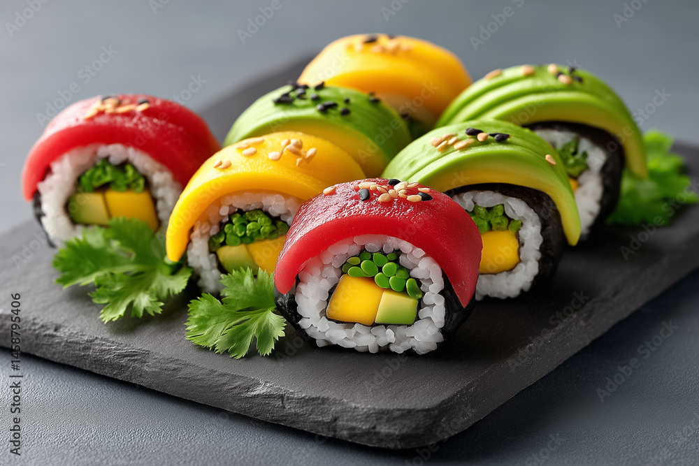 Poster vegan sushi rolls arranged on slate display colors of avocado and mango filling. studio setting high