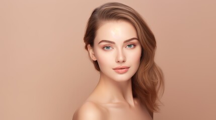 Fototapeta premium Portrait of a stunning woman with wavy blonde hair and blue eyes. She has flawless skin, natural makeup, and a serene expression against a soft beige background