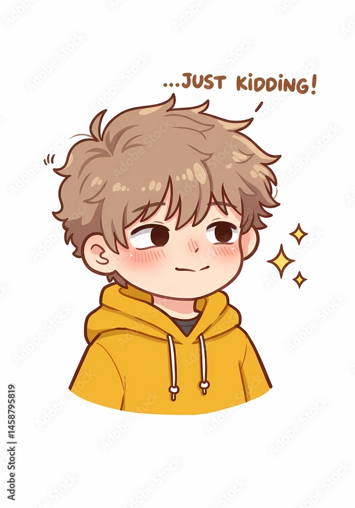 Poster whimsical cartoon illustration of a boy with an endearing expression and the playful phrase '...just