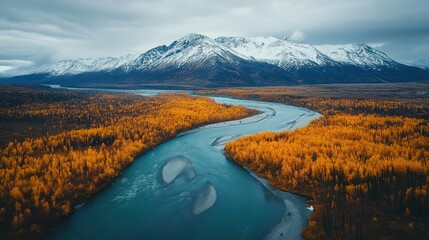 Fototapeta premium River and Snowy Mountain Landscape with Autumn Trees