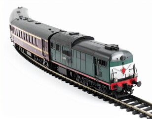 Obraz premium Train model with carriages runs on track, detailed green and maroon color scheme, in a studio setting