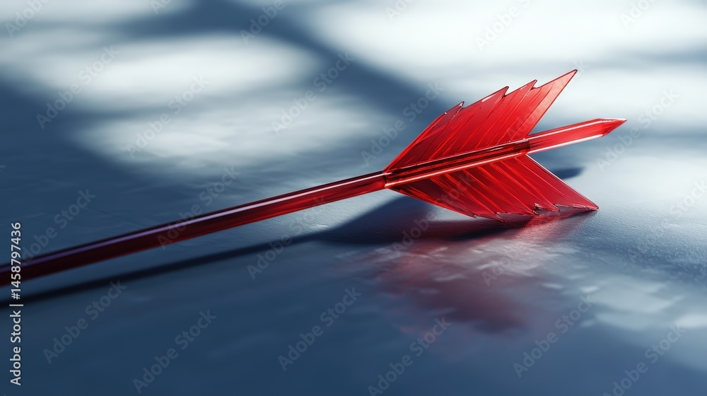 Poster 3d rendering of a red arrow with shadow effects, appearing to pierce through a transparent surface, 