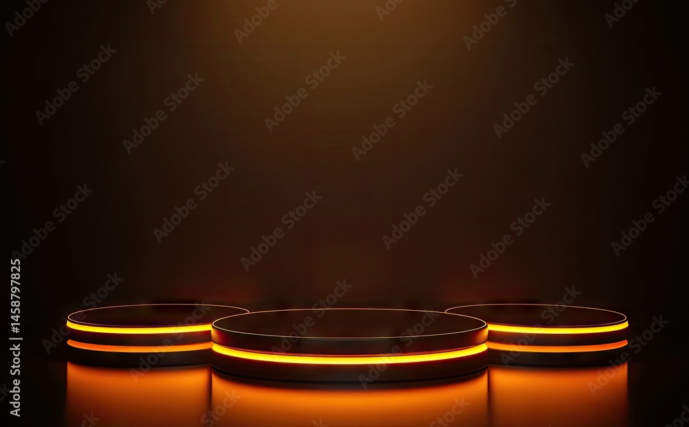 Aufkleber a futuristic stage setup featuring three illuminated circular platforms on a dark starry background.
